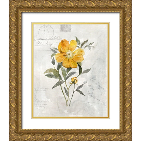 Canary Linen Peony Gold Ornate Wood Framed Art Print with Double Matting by Robinson, Carol
