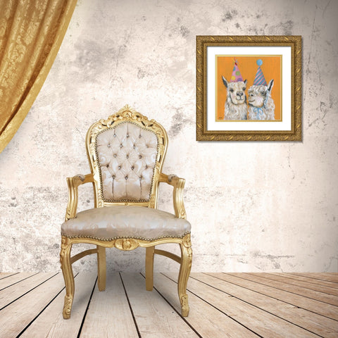 Llama Party Gold Ornate Wood Framed Art Print with Double Matting by Tava Studios