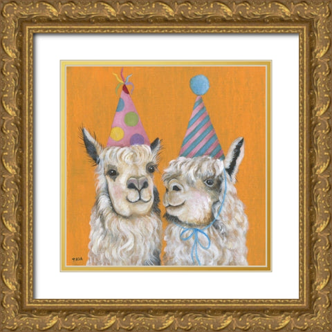 Llama Party Gold Ornate Wood Framed Art Print with Double Matting by Tava Studios
