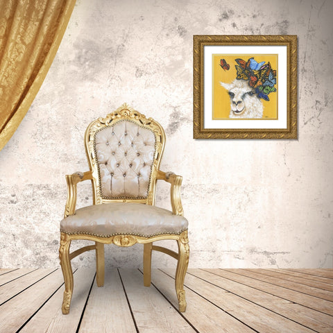 Llama and Butterflies Gold Ornate Wood Framed Art Print with Double Matting by Tava Studios