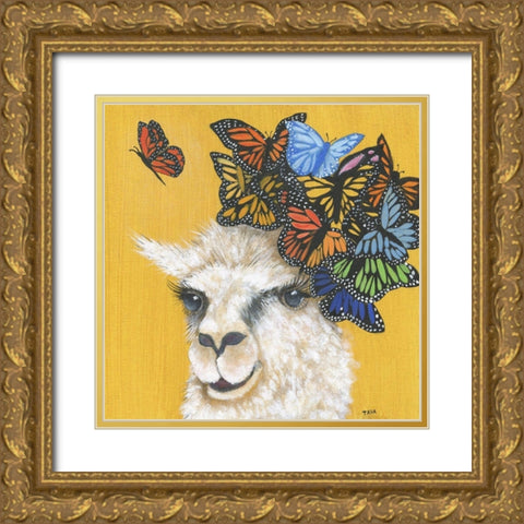 Llama and Butterflies Gold Ornate Wood Framed Art Print with Double Matting by Tava Studios