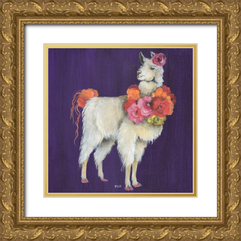 Llama Flowers Gold Ornate Wood Framed Art Print with Double Matting by Tava Studios