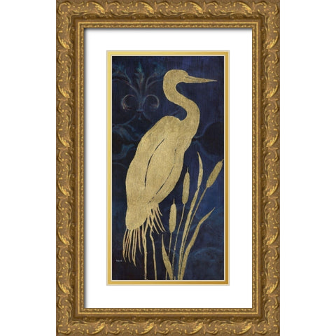 Egret On Indigo I Gold Ornate Wood Framed Art Print with Double Matting by Tava Studios