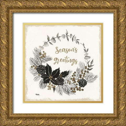 Seasons Greetings Gold Ornate Wood Framed Art Print with Double Matting by Tava Studios