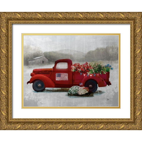 Americana Red Truck Gold Ornate Wood Framed Art Print with Double Matting by Nan