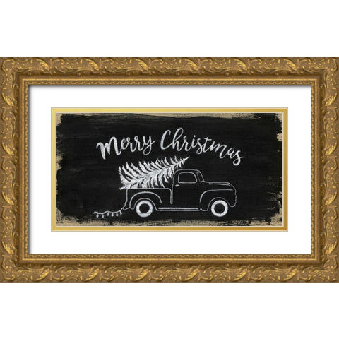 Merry Christmas Truck Gold Ornate Wood Framed Art Print with Double Matting by Tava Studios