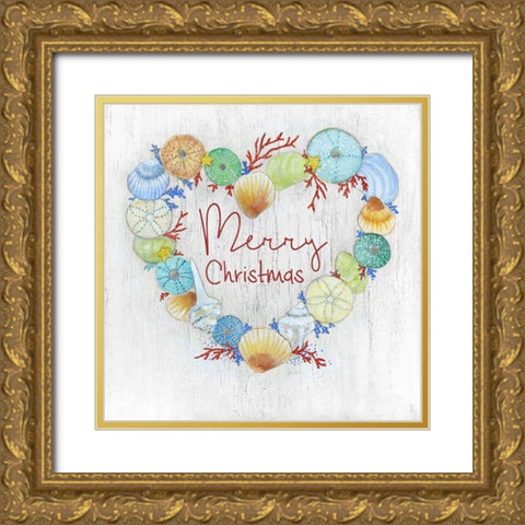 Merry Christmas Shell Wreath Gold Ornate Wood Framed Art Print with Double Matting by Tava Studios