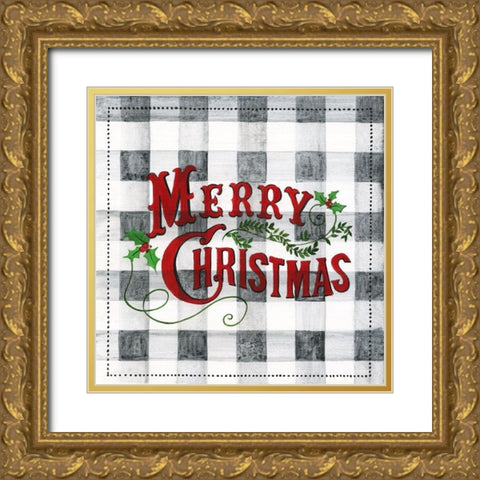 Merry Christmas Buffalo Check Gold Ornate Wood Framed Art Print with Double Matting by Tava Studios