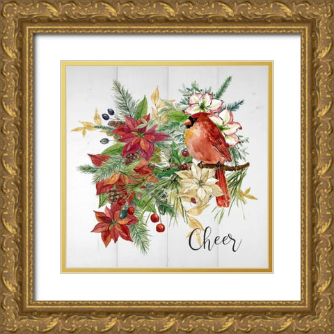 Holiday Poinsettia Cheer Gold Ornate Wood Framed Art Print with Double Matting by Finn, Livi
