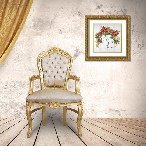 Holiday Poinsettia Love And Peace Gold Ornate Wood Framed Art Print with Double Matting by Finn, Livi