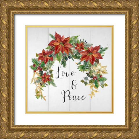 Holiday Poinsettia Love And Peace Gold Ornate Wood Framed Art Print with Double Matting by Finn, Livi