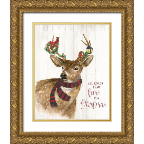 All Roads Lead Home Deer Gold Ornate Wood Framed Art Print with Double Matting by Nan
