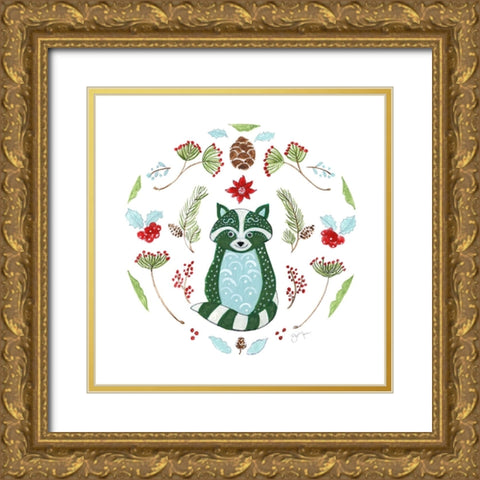 Christmas Folk Racoon Gold Ornate Wood Framed Art Print with Double Matting by Tava Studios