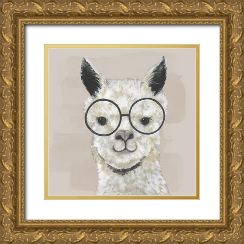 Neutral Llama Glasses Gold Ornate Wood Framed Art Print with Double Matting by Tava Studios