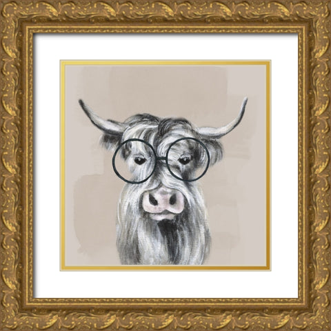 Neutral Cow Glasses Gold Ornate Wood Framed Art Print with Double Matting by Tava Studios