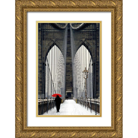 Brooklyn Bridge Meets Red Gold Ornate Wood Framed Art Print with Double Matting by Cahill, Michael