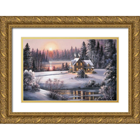 Winter Sunset Gold Ornate Wood Framed Art Print with Double Matting by Raos, Dubravko