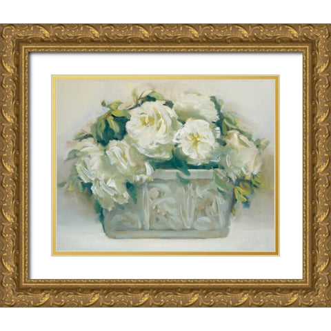 White Roses in Planter Gold Ornate Wood Framed Art Print with Double Matting by Dern, Andrea