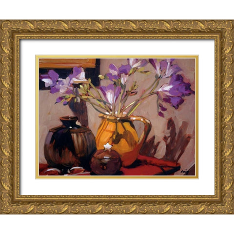 Freesia Floral Gold Ornate Wood Framed Art Print with Double Matting by Craig, Philip