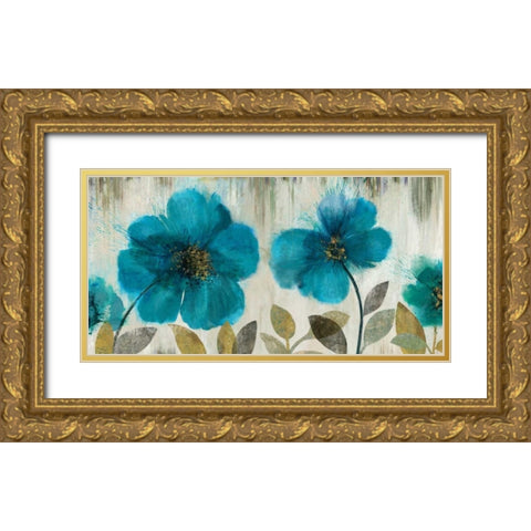 Teal Flowers Gold Ornate Wood Framed Art Print with Double Matting by Jensen, Asia
