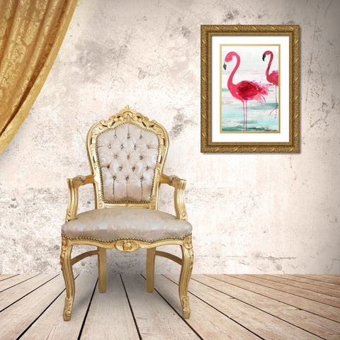 Beach Flamingoes Gold Ornate Wood Framed Art Print with Double Matting by Wilson, Aimee