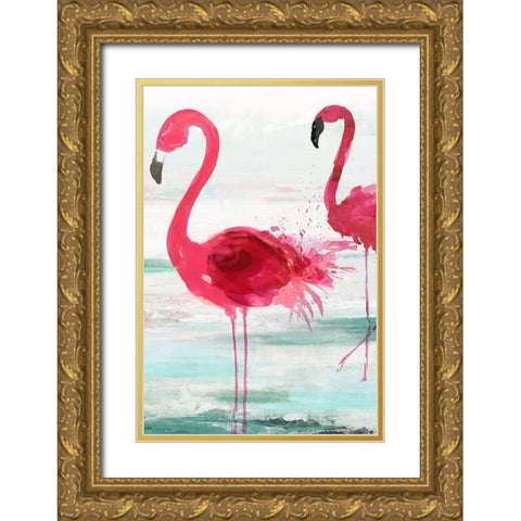 Beach Flamingoes Gold Ornate Wood Framed Art Print with Double Matting by Wilson, Aimee