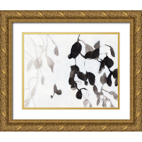 Leaves in Black and White Gold Ornate Wood Framed Art Print with Double Matting by Bragg, Janel