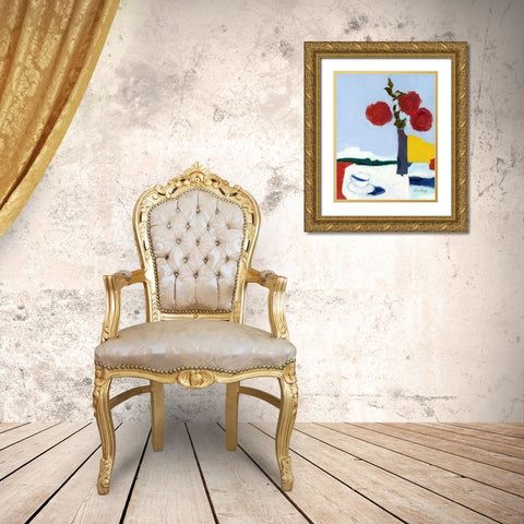 Rose and Teacup Gold Ornate Wood Framed Art Print with Double Matting by Bragg, Janel