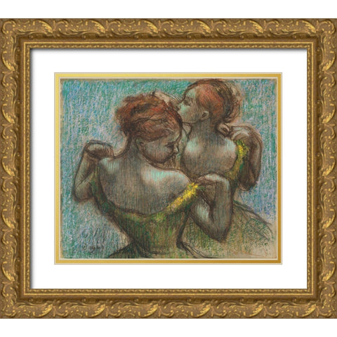 Two Dancers, Half-Length Gold Ornate Wood Framed Art Print with Double Matting by Degas, Edgar