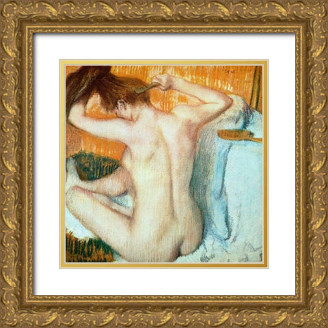 Woman Combing Her Hair Gold Ornate Wood Framed Art Print with Double Matting by Degas, Edgar