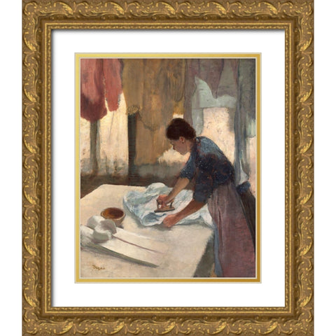 Woman Ironing, c. 1876-1877 Gold Ornate Wood Framed Art Print with Double Matting by Degas, Edgar