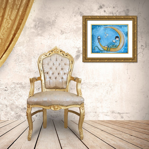 Boy Reading On Moon Gold Ornate Wood Framed Art Print with Double Matting by Doss, Andrea