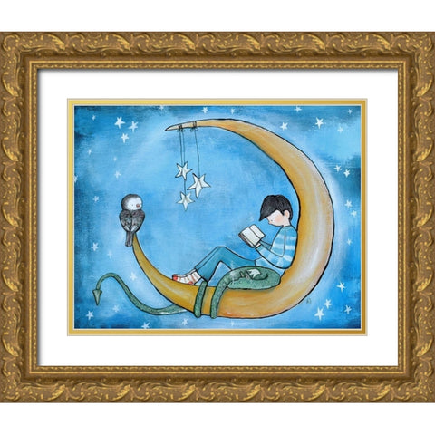 Boy Reading On Moon Gold Ornate Wood Framed Art Print with Double Matting by Doss, Andrea