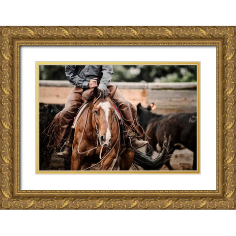 Cutting Horse Gold Ornate Wood Framed Art Print with Double Matting by Dearing, Lisa