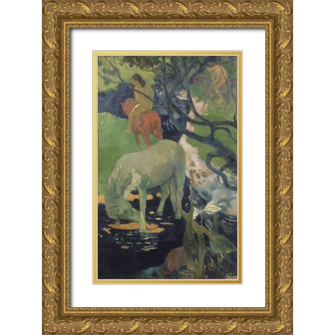 The White Horse Gold Ornate Wood Framed Art Print with Double Matting by Gauguin, Paul