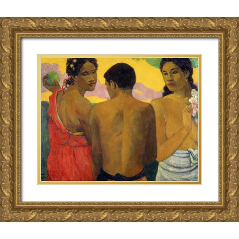 Three Tahitians Gold Ornate Wood Framed Art Print with Double Matting by Gauguin, Paul