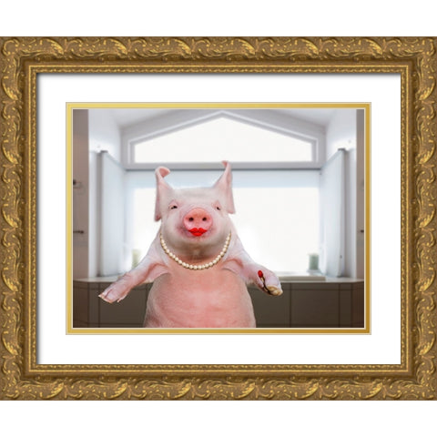 Lipstick On A Pig Gold Ornate Wood Framed Art Print with Double Matting by Lund Roeser