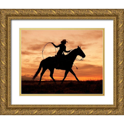 Cowgirl Silhouette Gold Ornate Wood Framed Art Print with Double Matting by Leacock, J.C.