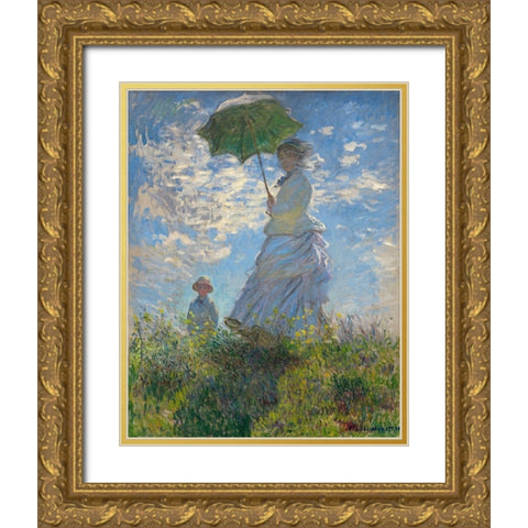 Woman with a Parasol - Madame Monet and Her Son, 1875 Gold Ornate Wood Framed Art Print with Double Matting by Monet, Claude