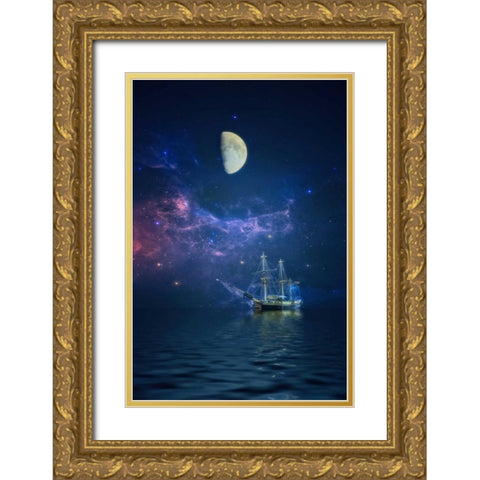 By Way of The Moon and Stars Gold Ornate Wood Framed Art Print with Double Matting by Rivera, John