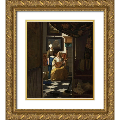 The Love Letter Gold Ornate Wood Framed Art Print with Double Matting by Vermeer, Johannes