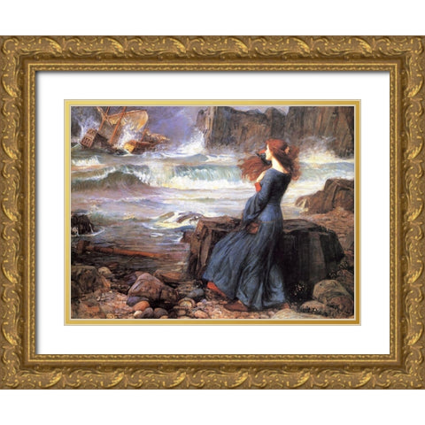 Miranda the Tempest Gold Ornate Wood Framed Art Print with Double Matting by Waterhouse, John William