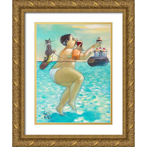 Cupcakes and Wine Gold Ornate Wood Framed Art Print with Double Matting by West, Ronald
