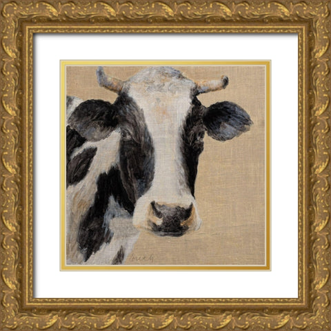 Cow On Burlap Background Gold Ornate Wood Framed Art Print with Double Matting by Loreth, Lanie