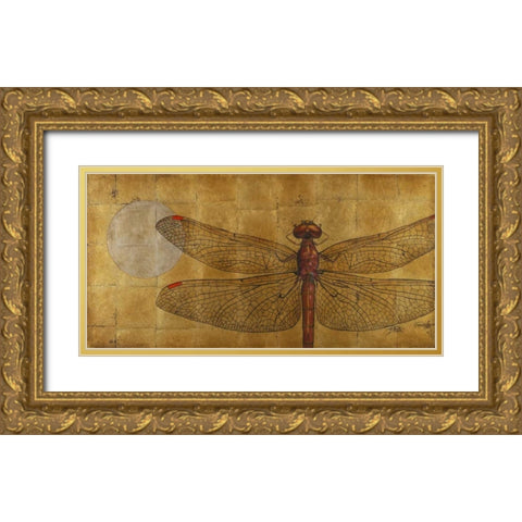 Dragonfly on Gold Gold Ornate Wood Framed Art Print with Double Matting by Pinto, Patricia