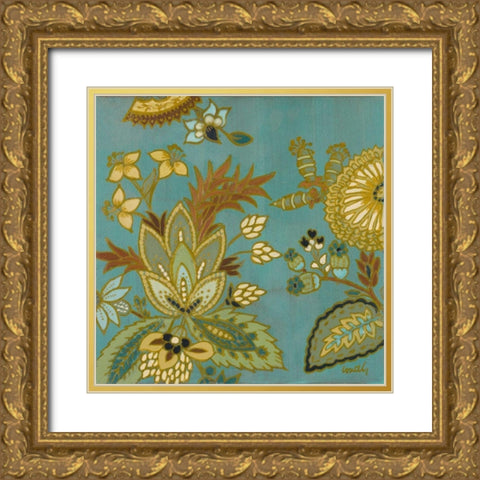 European Floral on Teal I Gold Ornate Wood Framed Art Print with Double Matting by Loreth, Lanie