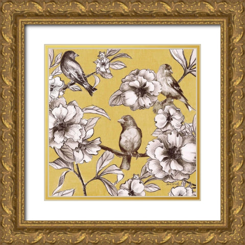 Peonies and Birds on Yellow I Gold Ornate Wood Framed Art Print with Double Matting by Loreth, Lanie