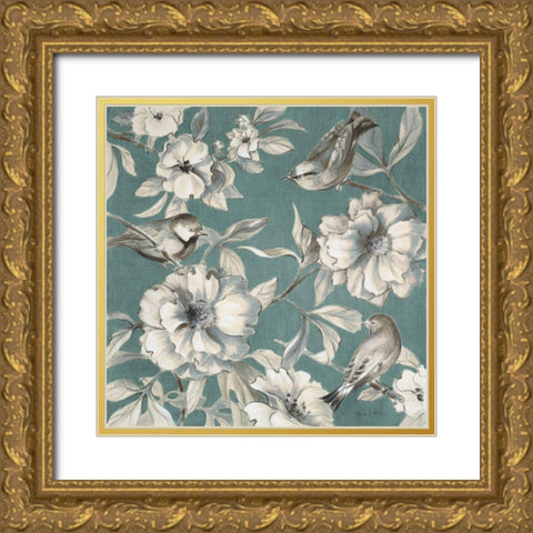 Peonies And Birds Gold Ornate Wood Framed Art Print with Double Matting by Loreth, Lanie