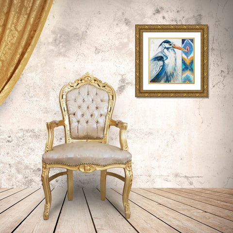 Blue Heron Ikat I Gold Ornate Wood Framed Art Print with Double Matting by Pinto, Patricia
