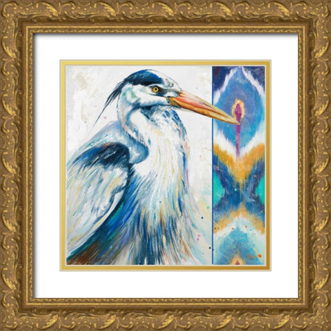 Blue Heron Ikat I Gold Ornate Wood Framed Art Print with Double Matting by Pinto, Patricia